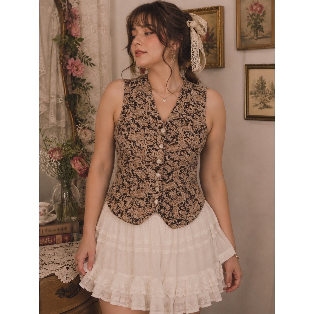 VTG August Silk Vest 6P Brown Paisley Linen Waistcoat 90s Whimsigoth Cottagecore